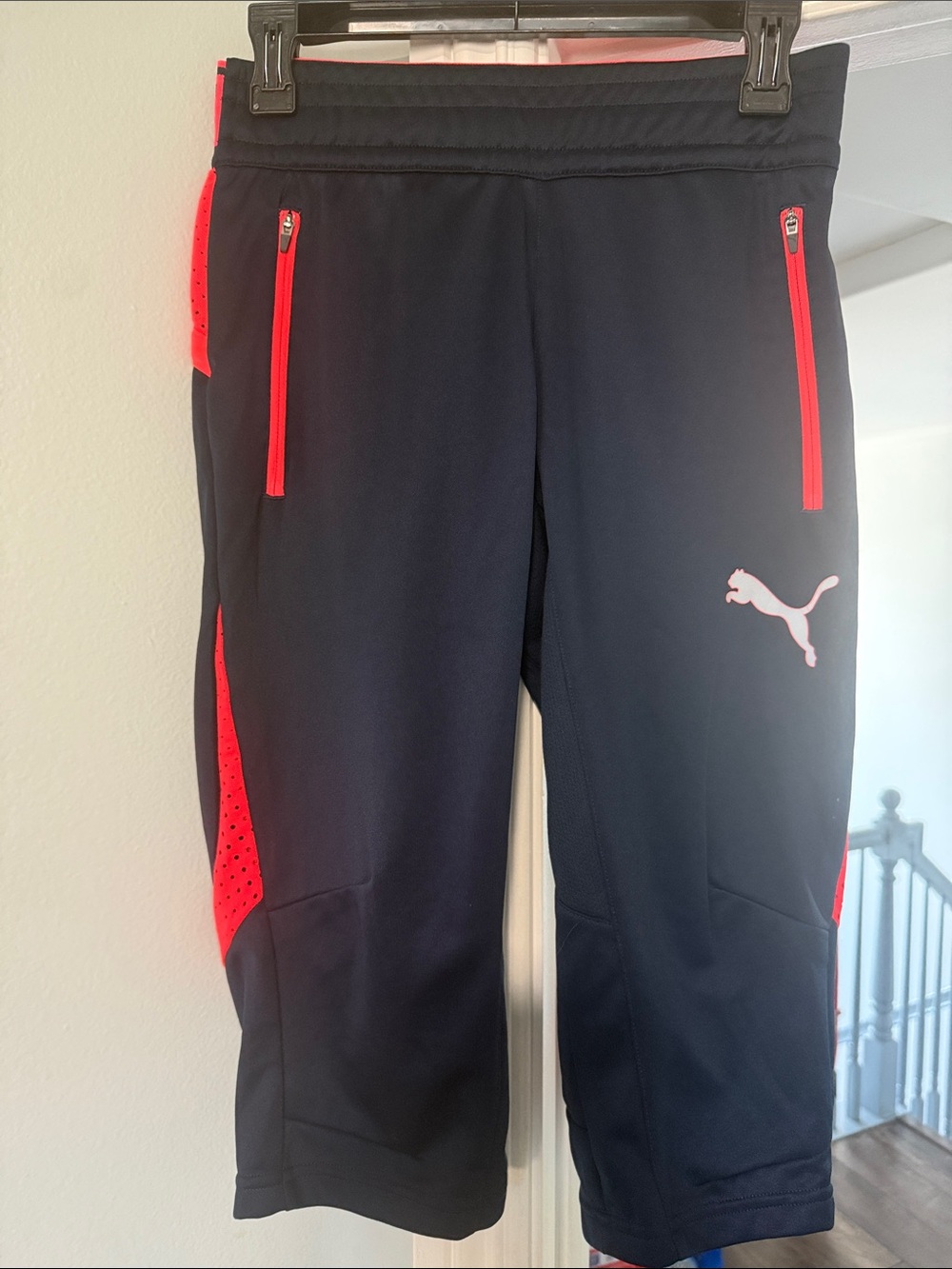 Puma Navy Blue Soccer Track 3/4 Pants with Coral Zip Accents